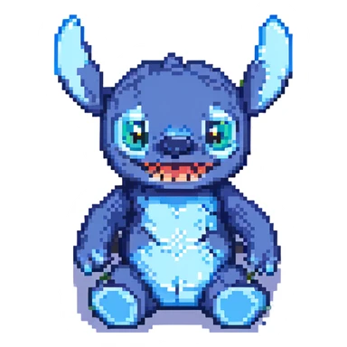 Stitch, the blue alien from Lilo & Stitch, pixel art style sticker