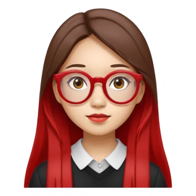 20 yr old asian woman, straight thick long brown hair, middle part, big red glasses, brown eyes sticker