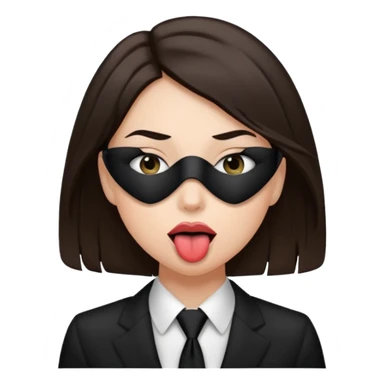 woman with dark brown hair wearing black tie over eyes with tongue out sticker