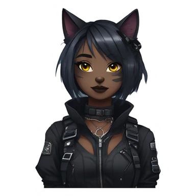 Gorgeous gothic dark techwear cyberpunk anime style sona anthro cat, aesthetic, and pretty edgy black with collar and harness, trending style sticker