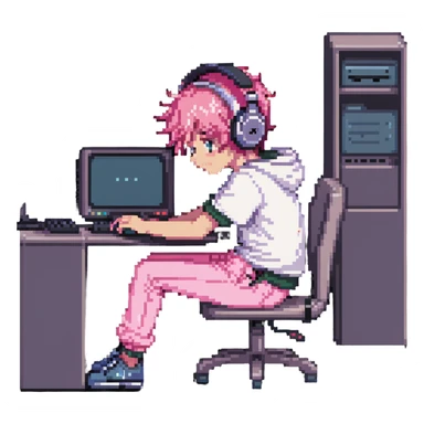 boy in pink pants sitting at a computer listening to music with headphones sticker