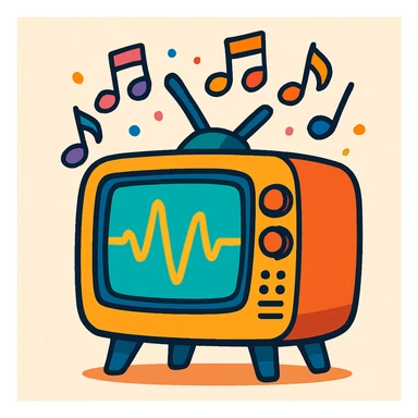 A CRT television displaying a waveform on its screen, with colorful musical notes floating upward from the TV, visually engaging, vibrant toon style sticker