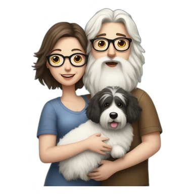 Hyperrealist pregnant girl with half long brown hair with glasses, a boy with long beard, glasses and short hair and english sheepdog sticker