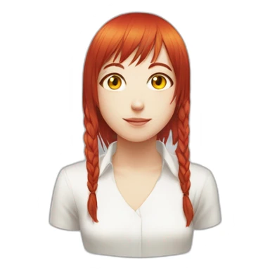 (gril) makima from the manga chainsawman with red hair fringe, yellow eyes with a circle inside and a white shirt sticker