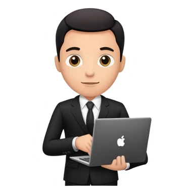 Businessman in a black business suit holding a laptop with PrimeCopy written on it sticker