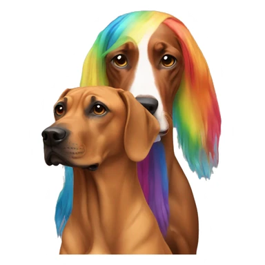 white man with long rainbow colored hair next to a brown rhodesian ridgeback sticker