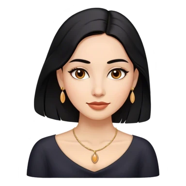 Oval face, medium warm skin, almond-shaped dark brown eyes, arched eyebrows, full lips, long sleek black hair (center-parted), small earrings, delicate necklace, and a confident slight smile. sticker