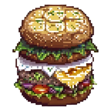 pixel art of a hamburger with cheese, eggs, and lettuce sticker