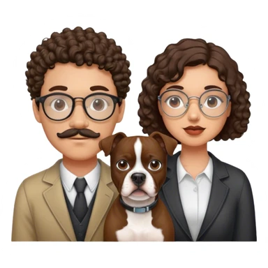young couple curly hair brunette man w wire glasses and mustache and brunette girl with bob and a brown pitbull boston terrier  sticker