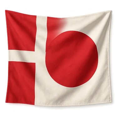 realistic flag mashup of Denmark and Japan with detailed cloth folds and soft shadows, no background sticker