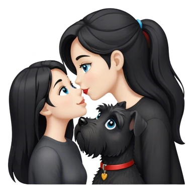 one pale girl with light blue eyes and long black hair wearing black shirt kissing schnauzer smiling black schnauzer  sticker