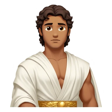 Cinematic Realistic Hercules Portrait, depicted as a classical Greek hero inspired by the Disney version yet echoing the refined proportions and serene dignity of Michelangelo's David. His idealized, sun-kissed bronze skin glows with timeless strength, and his thick, wavy dark hair falls in natural, sculpted curls. Draped in a flowing white robe with delicate golden accents, his expressive eyes radiate determined nobility, all rendered under dynamic natural lighting with a mythic, radiant glow. sticker