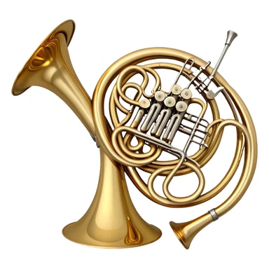 Create a refined and elegant emoji representing the Arnolds & Sons AHR-350 French horn. The design should feature the instrument's beautifully coiled brass body with its distinct flared bell, showcasing the high-quality craftsmanship. Include delicate details like the tuning valves, finger buttons, and elegant brass finish. Add subtle musical notes around the horn to symbolize its melodic sound. Use warm golden and brass tones to convey the luxury and professional quality of the instrument. The background should be transparent sticker
