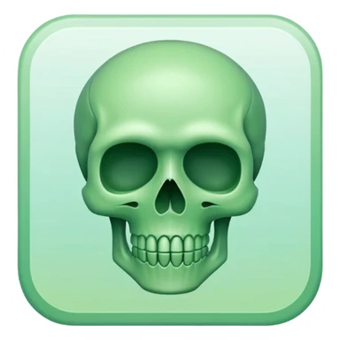 a Tiny compressed Stylized green skull symbol inside a pastel gradient white square icon sticker