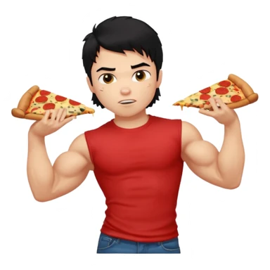 generate a pretty fair bratz boy with a messy mullet (black hair), wearing a red tshirt. eating pizza. He has big biceps and ripped sticker