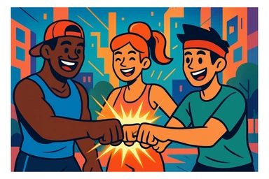 A group of three sporty characters smiling and fist bumping, surrounded by glowing energy, in an urban cartoon style with vibrant colors and a fitness vibe. sticker