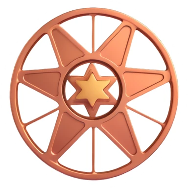 film reel floating in space with a warm copper-colored star behind it, 3D style, metallic copper highlights, cosmic atmosphere sticker