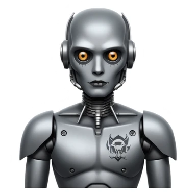 black metal Tatooed robot, big many tatooes on chest, neck and face, white tatoo on face sticker