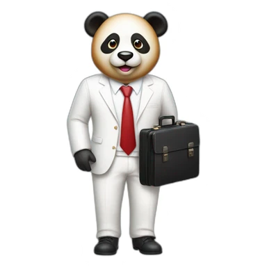 A professor with white suit and red tie and a panda face holding a hotdog and a black suitcase sticker