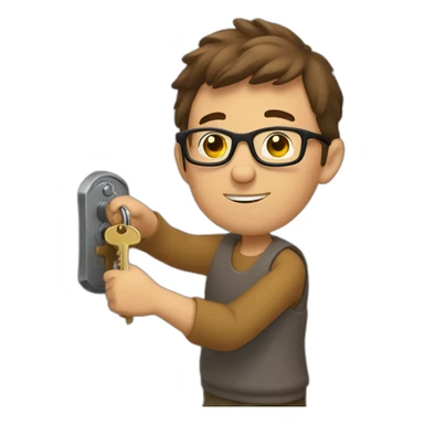 brown-short-haired man with glasses, struggling to fit a key into a door-lock sticker