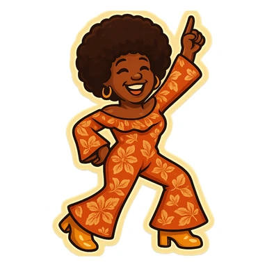 Create an emoji of a female African American in 1970s disco style with a different dancing pose, joyful expression, afro hairstyle, and a vibrant disco outfit with a similar pattern to the reference. sticker
