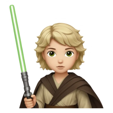 Young jedi with dark brown eyes and sandy blonde wavy short hair holding a green light saber.  sticker