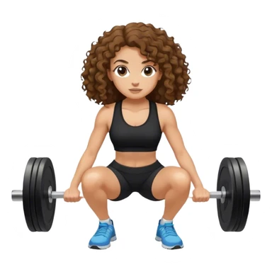 mulher branca com cabelo cacheado longo castanho com top e shorts preto fazendo agachamento com peso sticker