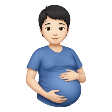 pregnant asian boy with short messy black hair holding his belly embracing his pregnancy sticker