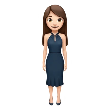 emoji-style illustration of a stylish pretty big smile woman with long straight brown hair, wearing a dark halter neck dress, elegant and minimalistic look, front-facing, soft 3D cartoon rendering, plain background sticker