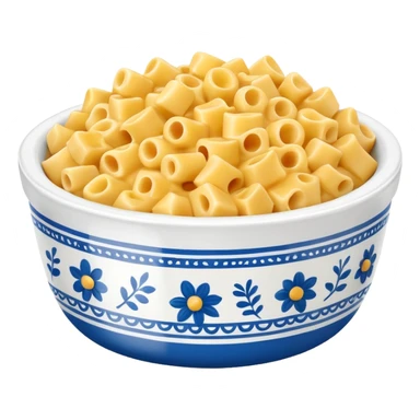 Blue and white floral bowl with Mac and cheese sticker