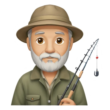 old fisherman with gray beard, fishing rod and hat sticker