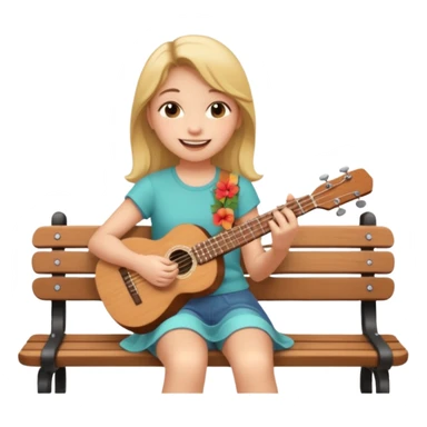 Teen girl – relaxed on park bench, strumming a ukulele, smiling.
 sticker