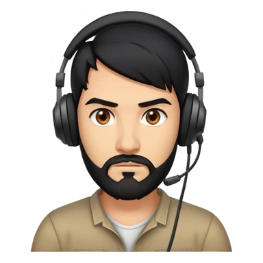 Serious gamer face with black hair, brown eyes, black beard, wearing gaming headset sticker