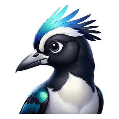 Cinematic Noble Magpie Portrait Emoji, Poised and sleek, with striking, iridescent black and white plumage, a sharp, inquisitive beak, and intense, observant eyes, Simplified yet sharp and sophisticated features, highly detailed, glowing with a soft, urban gleam, high shine, intelligent and graceful, stylized with an air of mischievous charm, focused and alert, soft glowing outline, capturing the essence of a watchful and confident magpie that appears ready to dart out of the screen with effortless authority! sticker