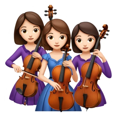 Create an imagine of three brunette women playing string instruments, the first is playing a cello, the second is playing a viola and the third is playing the violin sticker