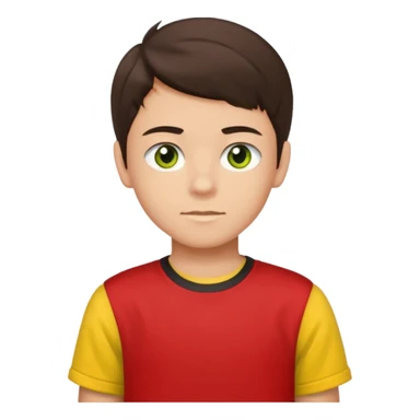 A portrait of a 14-year-old boy, he's got dark-brown hair, luight brownish skin and green hazel eyes. he's wearing a red t-sirt with yellow sleeves. sticker