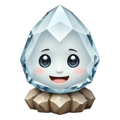 A single cute crystal rock character inspired by a clear quartz cluster, chunky round base with many tall transparent crystal spikes growing upward all around it, faceted and slightly imperfect, on the front of the base a big kawaii face with large glossy eyes and a wide happy smile sticker