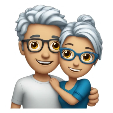 a boy with silver hair and a curvy girl with red hair and blue glasses hugging sticker
