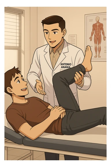 fai un webtoon manga a colori con questo stile, in cui un uomo è steso sul lettino medico e il kinesiologo con il camice bianco (fagli anche la scritta "ANTONIO ANANIA" SUL CAMICE, gli solleva una gamba per fargli il test neuromuscolare, IL KINESIOLOGO SPIEGA ALL'UOMO UNA cosa mentre gli alza la gamba. l'espressione dell'uomo è felice e soddisfatta, non fare i fumetti però, fai solo in modo che sembri stiano parlando, il lettino fai in modo che si veda tutto intero sticker