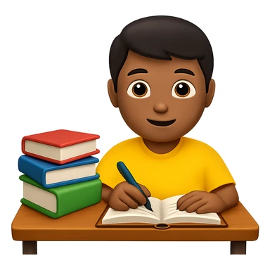 Edit the image to depict a student working at a desk with a stack of books on the desk in the style of apple emojis. Maintain the apple emoji style and add a stack of books on the desk clearly visible. sticker