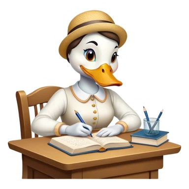 a female duck at a table writing a book sticker