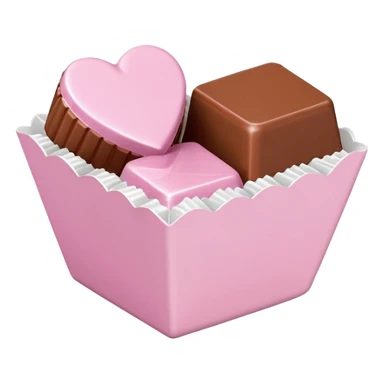 Two square milk chocolate pralines , sharp-edged glossy cubes placed diagonally side by side, each sitting in a small white fluted paper candy cup.
Flat thin pastel pink heart icing centered on top with fine sugar crystal sparkle, clean studio product lighting,  sticker