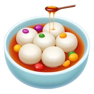 Sweet rice balls Tangyuan in syrup with colorful fillings, simplified emoji style with bold outlines and bright colors, cartoon style traditional Chinese dessert sticker