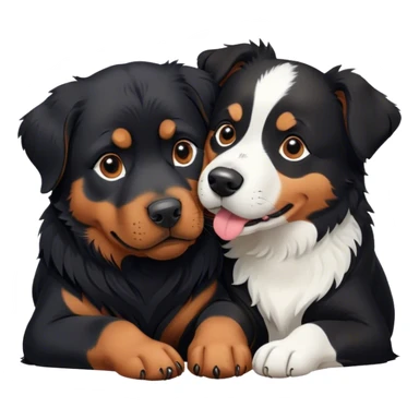 A black Rottweiler and black and white Border Collie snuggling together. sticker