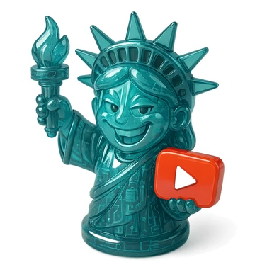 Statue of Liberty with a playful sarcastic grin, red YouTube play button, glossy circuit style sticker