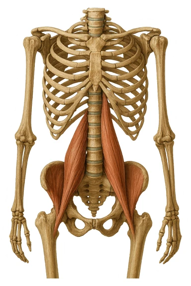 fai un immagine identica che riguarda IL MUSCOLO PSOAS i in evidenza (anatomicO) con colori naturali di un corpo umano. falla iperrealistica anatomica in 4k sticker