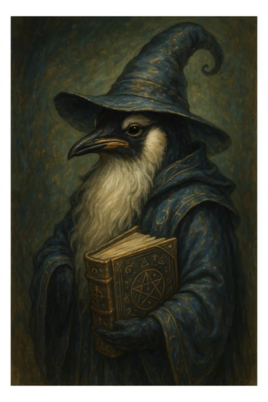 a wise penguin wizard with a long beard, holding an ancient book, fantasy illustration style sticker
