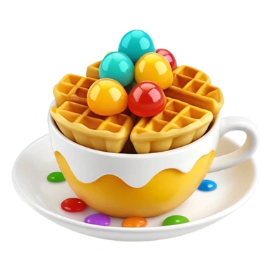 3D rendered mini Hong Kong egg waffles in a cup with colorful toppings, hyper-realistic bubbled texture, vibrant colors, glossy finish, detailed bubble pattern, playful presentation sticker