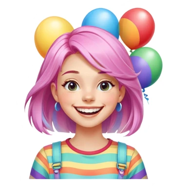 A close-up of a cheerful girl with soft, pastel-colored hair, wearing a colorful, trendy top and a wide grin. She has a playful expression, with a bright, cheerful background of rainbow-colored balloons sticker