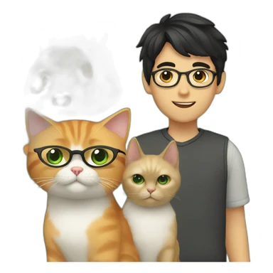 Boy with green eyes, glasses, with black short hair, with orange Persian cat sticker